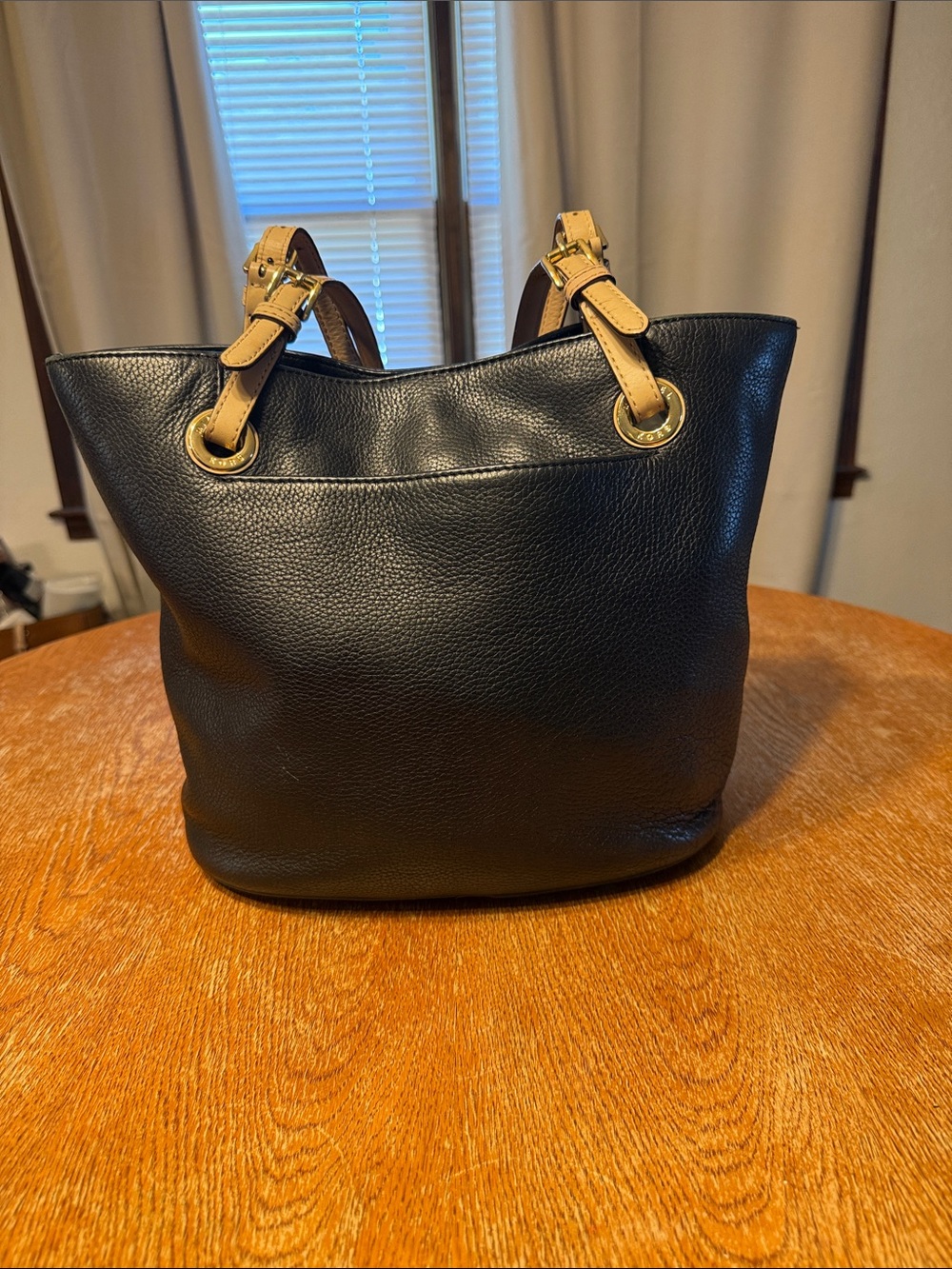 Michael Kors Black Leather Shoulder Bag with Tan Handles